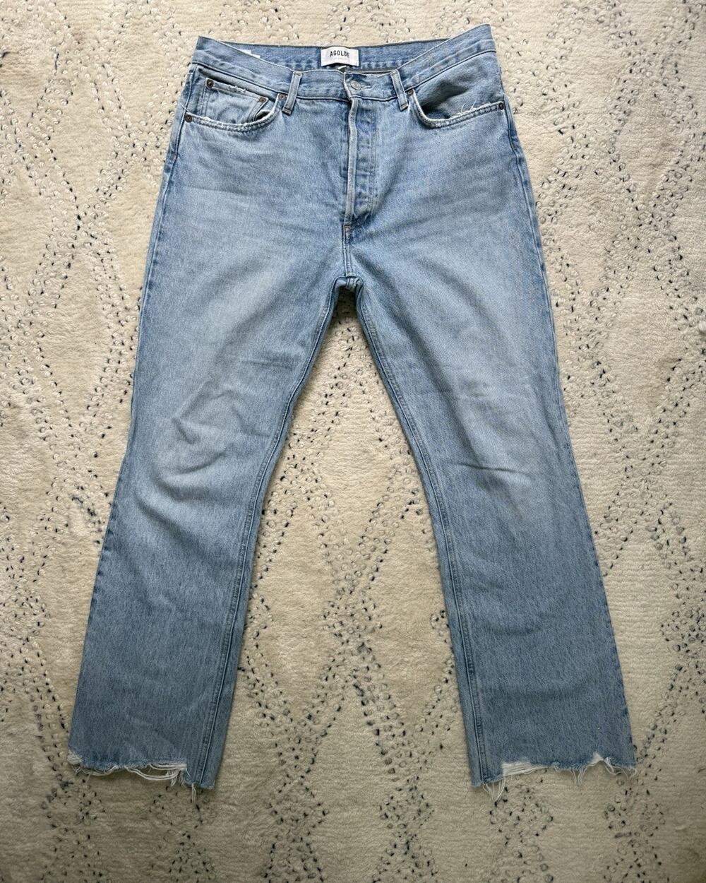 AGOLDE Jeans Womens 29 Blue Riley High Rise Straight Crop Raw Hem Button Fly